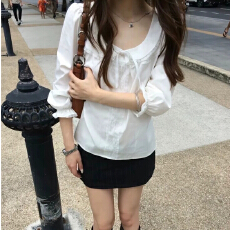 批发法式设计感甜美白色蕾丝拼接<b class='q'>娃娃领</b>收腰<b class='q'>衬衫</b>长袖<b class='q'>衬衣</b>女