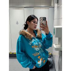 批发美式街头裂纹印花可拆毛领连帽卫衣<b class='q'>女</b>秋季宽松百搭休闲开衫外套