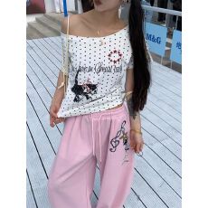 批发高品质 220克40支纯棉奥代尔波点<b class='q'>一字肩</b>斜肩短袖T恤女夏季印花