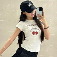 批发美式复古<b class='q'>印花</b>短袖t恤女夏季短款弹力修身显瘦休闲上衣