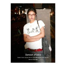 批发美式复古<b class='q'>印花</b>短袖t恤女夏季短款弹力修身显瘦休闲上衣