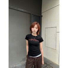 批发美式复古印花短袖<b class='q'>t</b><b class='q'>恤</b>女夏季短款弹力修身显瘦休闲上衣