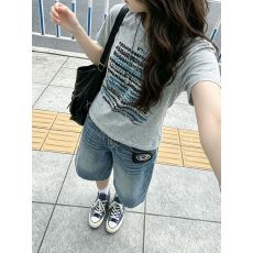 批发美式复古印花短袖<b class='q'>t</b><b class='q'>恤</b>女夏季短款弹力修身显瘦休闲上衣
