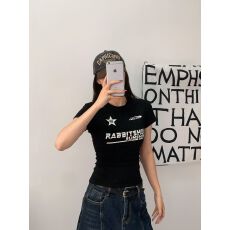 美式复古印花短袖t恤女夏季短款弹力修身显瘦休闲上衣
