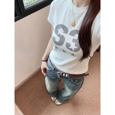 纯棉！美式复古印花短袖t恤女夏季短款弹力修身显瘦休闲上衣