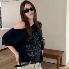 220克92%棉8%氨纶美式辣妹斜肩字母印花短袖T恤女