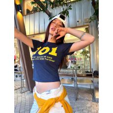 纯棉！美式复古印花短袖t恤女夏季短款弹力修身显瘦休闲上衣