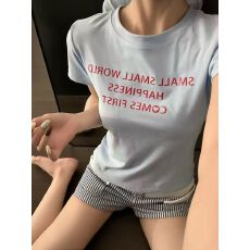 纯棉！美式复古印花短袖t恤女夏季短款弹力修身显瘦休闲上衣