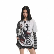 批发美式复古朋克风条纹拼接长袖T恤男女薄款宽松设计感上衣
