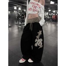 批发美式复古豹纹拼接刺绣阔腿裤女抽绳运动弯刀裤<b class='q'>潮牌</b>休闲裤