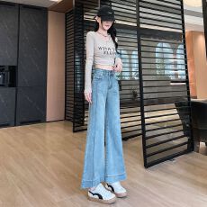批发浅色微喇<b class='q'>牛仔裤</b>女2025秋季新款高腰修身显瘦弹力九分小个子喇叭裤