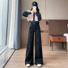 批发烫钻阔腿喇叭<b class='q'>牛仔裤</b><b class='q'>女</b>2025新款高腰秋冬显瘦弹力不贴腿九分马蹄裤