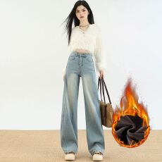 加绒阔腿牛仔裤女秋冬2025新款宽松高级垂感复古韩版潮流直筒裤子