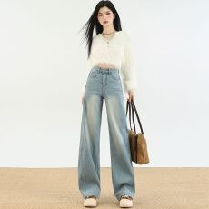 批发加绒阔腿牛仔裤女秋<b class='q'>冬</b>2025新款宽松高级垂感复古韩版潮流直筒裤子