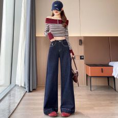 批发丹宁蓝高腰阔腿<b class='q'>牛仔裤</b>女春夏2026新款宽松显瘦百搭明线<b class='q'>直筒</b>拖地裤