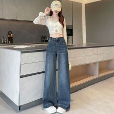 批发丹宁蓝高腰阔腿<b class='q'>牛仔裤</b>女春夏2026新款宽松显瘦百搭明线<b class='q'>直筒</b>拖地裤