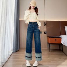 批发复古九分烟管<b class='q'>牛仔裤</b>女2026春秋新款宽松显瘦翻边拼接小个子<b class='q'>直筒</b>裤