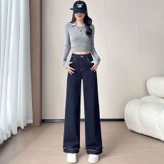 批发丹宁蓝<b class='q'>直筒</b><b class='q'>牛仔裤</b>女2026春秋高腰宽松显瘦垂感窄版梨型身材阔腿裤