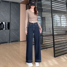 批发丹宁蓝高腰<b class='q'>直筒</b><b class='q'>牛仔裤</b>女春夏季2026年新款宽松显瘦垂感阔腿拖地裤