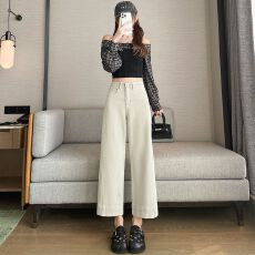 批发奶茶色阔腿<b class='q'>牛仔裤</b>女春夏2026新款高腰宽松显瘦九分裤小个子<b class='q'>直筒</b>裤