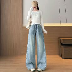 批发满钻阔腿牛仔<b class='q'>裤</b>女春秋季2026新款独特宽松韩版辣妹<b class='q'>百搭</b>高级直筒<b class='q'>裤</b>