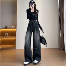批发满钻阔腿牛仔<b class='q'>裤</b>女春秋季2026新款独特宽松韩版辣妹<b class='q'>百搭</b>高级直筒<b class='q'>裤</b>