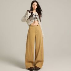 批发卡其色阔腿牛仔裤女2026春季新款复古拼接高腰显瘦垂感宽松直筒裤