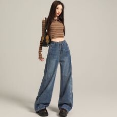 批发复古蓝阔腿牛仔裤女2026春季新款复古拼接高腰显瘦垂感宽松直筒裤