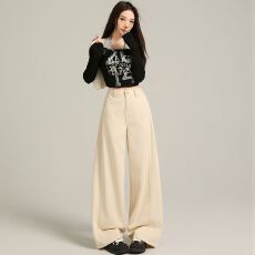 批发米白色阔腿弯刀牛仔裤女春季2026新款小个子高腰宽松显瘦直筒长裤