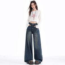 批发美式复古工装牛仔裤女高腰夏季2026新款高街宽松显瘦直筒阔腿裤子