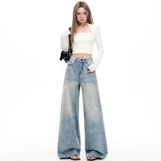 批发烫钻烟花阔腿牛仔裤女2026春夏季新款高腰显瘦遮胯抗皱休闲直筒裤