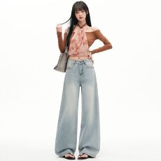 批发浅蓝色垂感阔腿牛仔裤女夏季新款高腰刺绣设计感宽松百搭直筒裤子