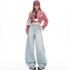 批发美式垂感弯刀牛仔裤女2026春夏季新款高腰宽松慵懒阔腿显瘦拖地裤