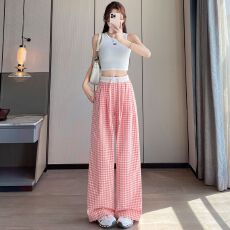 批发格子粉色阔腿休闲裤女夏薄款2026新款修身流行时尚简约直筒拖地裤