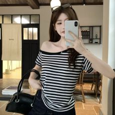 批发已出货 新款斜肩短袖条纹T恤2025夏季露肩显瘦辣妹修身上衣