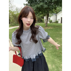 批发已出货 泡泡袖格子<b class='q'>衬衫</b>女<b class='q'>夏季</b>2025新款宽松短款复古花边撞色上衣