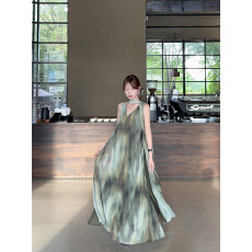 批发已出货 扎染飘带背心连衣裙女<b class='q'>夏</b>季复古气质宽松A字裙长裙