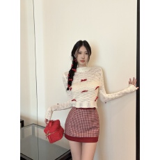 批发已出货 针织上衣高腰格子半身裙子辣妹性感两件套