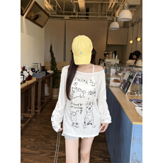 批发已出货 印花薄款长袖T恤女夏季新款性感斜肩<b class='q'>防晒</b>罩衫上衣