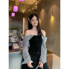 批发已出货 假两件<b class='q'>格子</b>露肩长袖<b class='q'>衬衫女</b>秋季修身体恤上衣