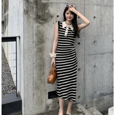 批发已出货 Polo领条纹针织连衣裙女<b class='q'>夏</b>季气质显廋性感包臀长裙