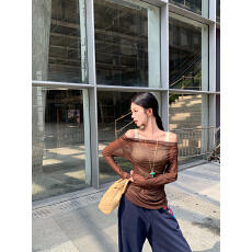 批发已出货 假两件网纱长袖T恤女装百搭露肩上衣