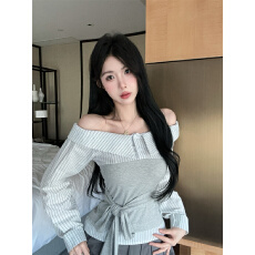 批发已出货 <b class='q'>长袖</b>T恤女秋冬新款时尚条纹拼接绑带衬衫上衣