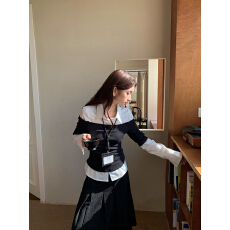 批发已出货 假两件翻领黑白<b class='q'>衬衫女</b><b class='q'>长袖</b>上衣