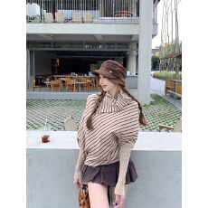 批发已出货 领口条纹蝙蝠袖宽松长袖针织毛衣上衣女潮