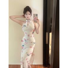 批发已出货 款花色露肩改良旗袍中式国风修身开叉显瘦包臀长款连衣裙