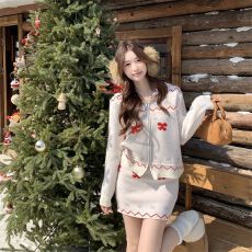 批发已出货 甜妹<b class='q'>可爱</b>蝴蝶结连帽毛衣显瘦百搭针织衫上衣短裙两件套