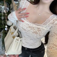 批发已出货 蕾丝衫女短款秋冬新款韩版修身辣妹性感收腰长袖<b class='q'>t</b><b class='q'>恤</b>女