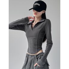 批发已出货 长袖<b class='q'>T</b><b class='q'>恤</b>女Polo翻领收腰鱼骨显瘦上衣