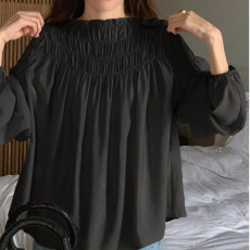 批发已出货 甜美别致<b class='q'>雪纺衫</b><b class='q'>泡泡袖</b>圆领女式秋季一字领褶皱设计衬衫女